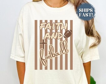 Football And Faith Graphic T-shirt | Striped Trendy Graphic Tee Shirt For Women Religious Tshirt Football Apparel Football Gift For Mom
