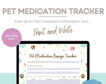 Puede incluir: Seguimiento de medicación para mascotas imprimible y editable con diseño de huella de pata. El seguimiento incluye secciones para el nombre del medicamento, la dosis, las instrucciones, la fecha y la hora de administración. El seguimiento está disponible en tamaños carta y A4.