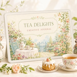 May include: A rectangular journal titled TEA DELIGHTS CREATIVE JOURNAL featuring a garden illustration with a tea table, flowers, and a gate. Beside it stand a mouse in a green dress and a hedgehog in a vest, with a small cake and a teacup nearby.