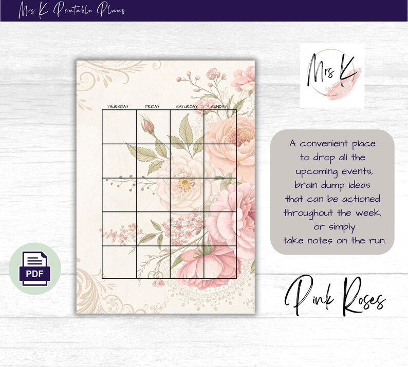 Printable Pink Roses Monthly Planner Inserts, A5 B6 HP Sizes (digital ...