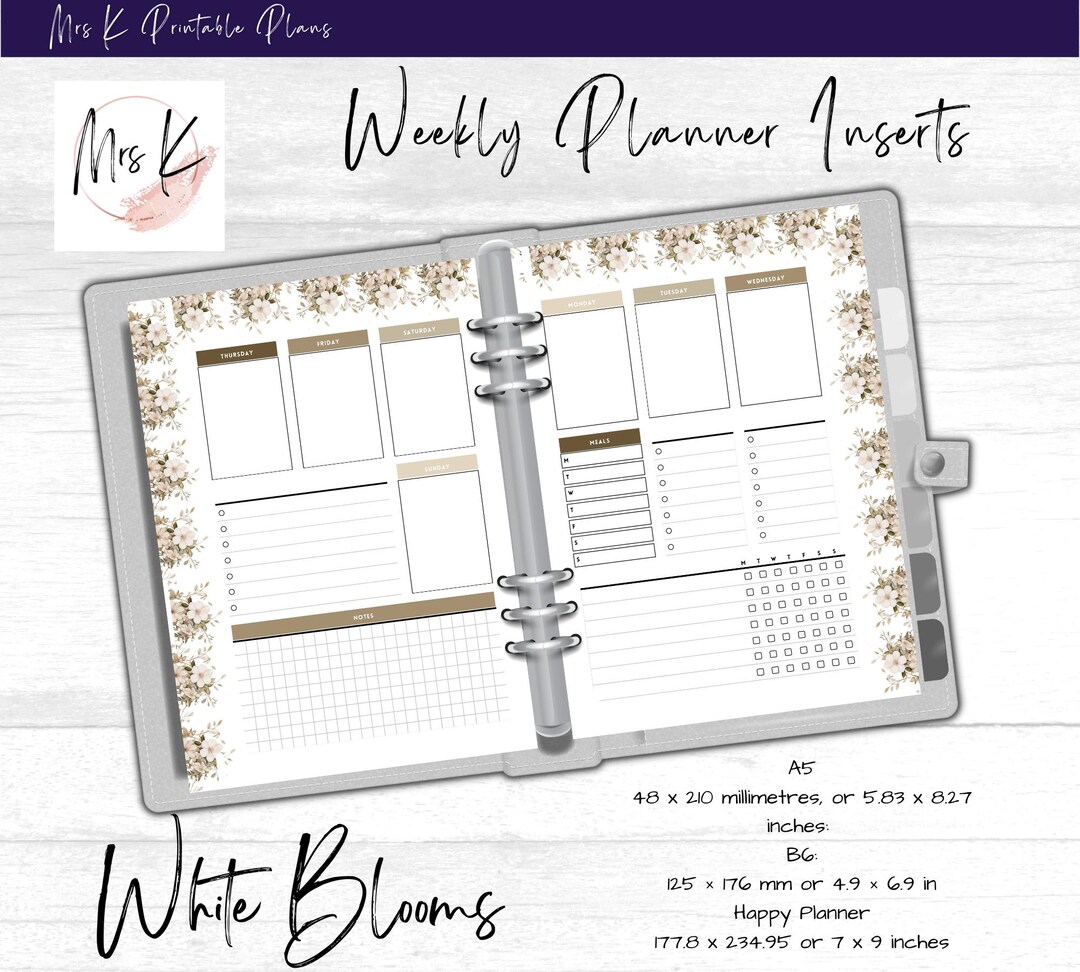 Weekly Bloom Chart White Blooms Weekly Planner Inserts, Week on Two Pages (digital ...