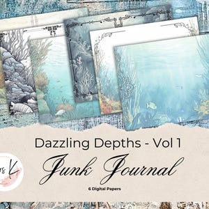 Junk Journal Digital Paper, Dazzling Depths 6 Digital Journal Pages, Printable Ephemera, Paper Craft, Interior Papers 11 x 8.5