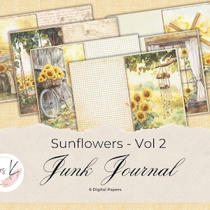 Sunflower Printable Papers Vol 2, 6 Pack Sunflower Design Papers for Junk Journals, Paper Craft, Scrapbooking, Decorative Bifold pages