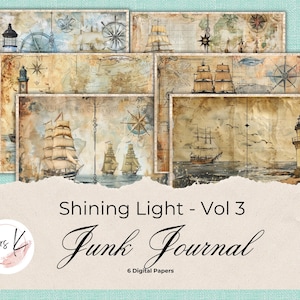 Pagine di diario stampabili, design nautico, Shining Light Vol. 3, confezione da 6 pagine pieghevoli, diario di scarto, artigianato di carta, scrapbooking,