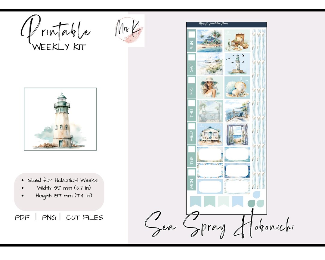 Printable Weekly Sticker Kit, Hobonichi Weeks Sea Spray Stickers ...