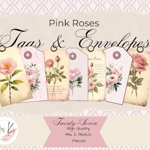 Printable Journal ephemera, Tags and Mini Envelopes, Pink Roses Design, Journaling, Junk Journal Collage, Paper Craft, Scrapbooking