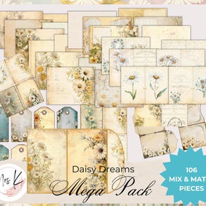 Méga pack de journalisation imprimable, Daisy Dreams, Junk Journal Ephemera, Papiers numériques, Tags, étiquettes, Pocket Folio, Cartes de journalisation,