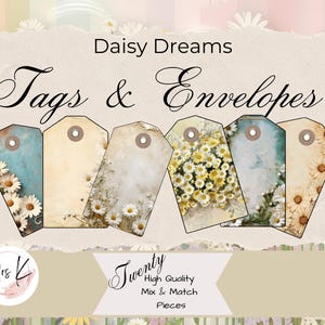 Etiquetas imprimíveis e mini envelopes, Daisy Dreams, peças de diário, diário de lixo, impressão em casa, etiquetas florais, envelopes florais