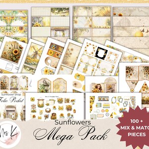 Kit de diário mega com design de girassol para itens efêmeros para impressão, mais de 100 peças de etiquetas e cartões digitais, papéis e muito mais. Ideal para presentes criativos.