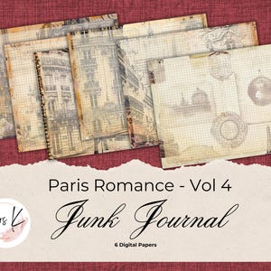 Cyfrowe papiery do druku, projekt Paris Romance, 6 sztuk, 300 dpi, dziennikarstwo, dziennik śmieciowy, scrapbooking, rzemiosło papierowe, efemerydy, do druku