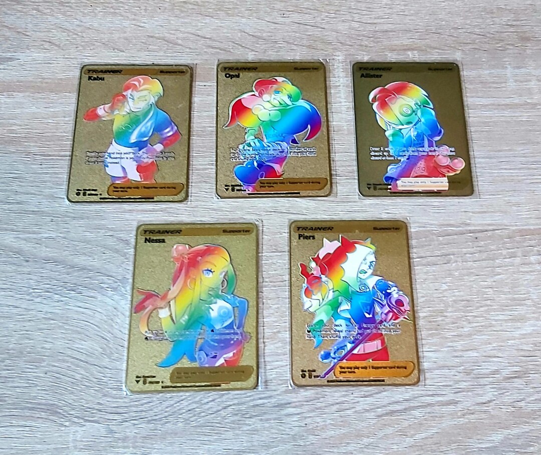 5 Rainbow Trainers Pokemon Trainer Card Metal Shiny Gold Etsy