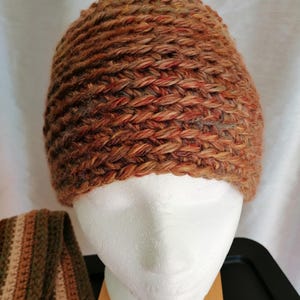 May include: A brown knitted hat with a multi-colored yarn. The hat is on a white mannequin head.
