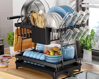 Stainless Steel 2-Tier Dish Drying Rack with 360 degree Drainboard and Utensil Holder, Available in White or Black