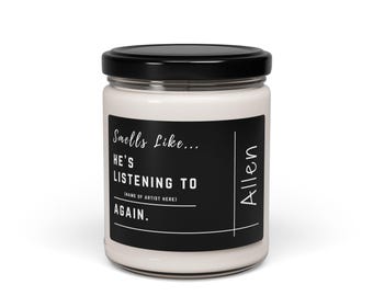 Vela de soja personalizada con un divertido "amante de la música", que huele como si estuviera escuchando música (en blanco), regalo con nombre personalizado, nombre y artista personalizables.