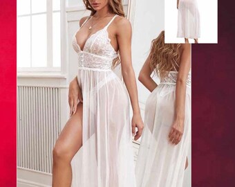 Durchsichtiges Nachtkleid, weißes langes Spitzennachthemd, Dessous Geschenk, 2 Stück, inklusive String, Brautnächte