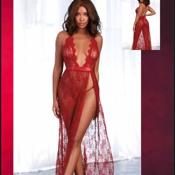 See Through Night Dress  Robe, Red Long Lace Nightgown, Lingerie Gift, 2 pieces, Thong included, See Through Night Dress