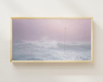 The Cross in the Mist (1905) | Henry Brokman | 16x30 | Vintage Religious Painting | Coastal Wall Art | Seascape Art Print