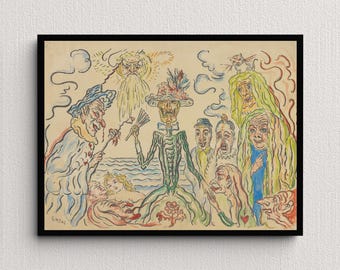 The Coquettish Death (Masks) (1922) | James Ensor | Creepy Wall Art | Vintage Art Print | Spooky Home Decor | Antique Sketch | Gothic