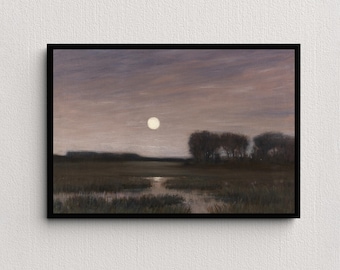 Puede incluir: Pintura de paisaje enmarcada que representa una escena de pantano iluminada por la luna. La obra presenta una luna llena en un cielo oscuro, reflejada en el agua. Siluetas oscuras de árboles y hierba de pantano en primer plano, creando un ambiente nocturno sereno.