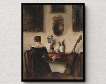 Interior with Emilie at the Piano | Carl Holsøe | Vintage Painting Art Print | Dark and Moody Wall Art | Antique Home Decor