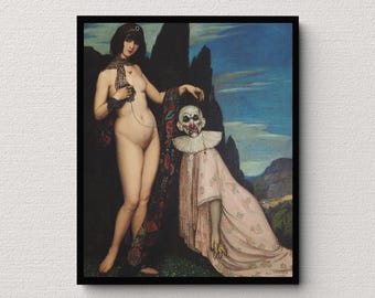 May include: A framed artwork featuring a nude figure with dark hair and a patterned shawl, standing beside a figure in a clown costume. The clown wears a ruffled collar and a pink robe with floral patterns. The background depicts a landscape with a blue sky.