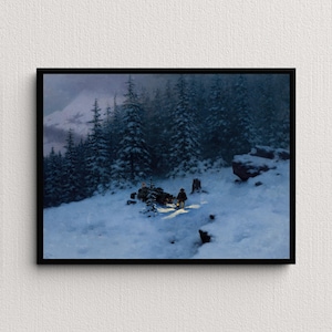 May include: A framed print of a winter landscape scene. The artwork depicts a snowy mountain scene with evergreen trees and a small group of figures gathered around a fire. The painting has a dark, moody color palette.