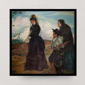 Op de afbeelding: Een ingelijst schilderij toont drie figuren in een landschap. Een vrouw in een zwarte jurk en sluier staat bij een man met een hoed en een vrouw in een donkere mantel. Het kunstwerk heeft een vintage esthetiek met gedempte kleuren.