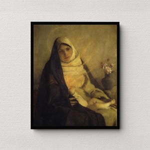 May include: A painting of a woman in a dark robe holding a baby. The woman is wearing a white head covering and has a halo above her head. The baby is wrapped in a white cloth and is lying in the woman's arms. The painting is set against a dark background with a vase of flowers in the background.