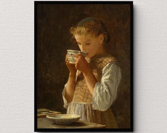 Girl Drinking Coffee (1870) | Albert Anker | Vintage Painting | Cozy Café Aesthetic | Classic Artwork | Victorian Era Art Print | Rustic