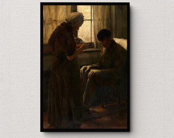 Può includere: Una stampa incorniciata di un dipinto raffigurante due figure in una stanza poco illuminata. Una donna con un lungo vestito e un copricapo è in piedi vicino a una finestra, di fronte a un uomo seduto. L'opera d'arte ha una tavolozza di colori tenui con toni marroni e oro.