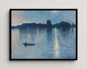 The Moonlit Lake (1888) | Jean Delville | Seascape Art Print | Vintage Art | Ocean Painting | Coastal Decor | Boat Scene | Dark and Moody