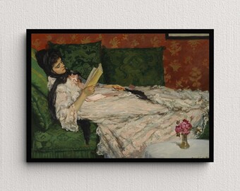 Lezende vrouw | Rupert Konijntje | Vintage muurkunst | Antiek woondecoratie | Portret van een dame | Leeshoekdecoratie | Bibliotheekkunstafdruk