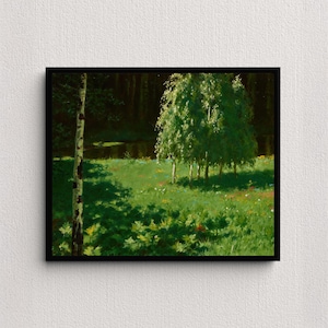 May include: A framed landscape painting depicts a sunlit meadow with birch trees and wildflowers. The artwork features a dark forest background and a grassy foreground with shadows.