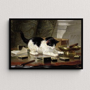 The Cat at Play (1878) | Henriëtte Ronner | Vintage Cat Painting | Cute Animal Art Print | Kitty Wall Art | Antique Art | Cute Home Decor