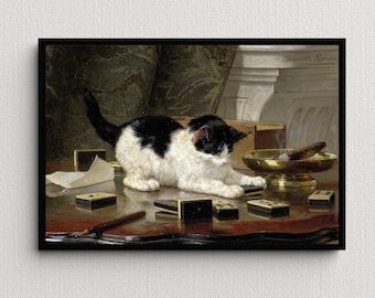 De spelende kat (1878) | Henriëtte Ronner | Vintage kattenschilderij | Schattige dierenkunstprint | Kitty-muurkunst | Antieke kunst | Leuke woondecoratie