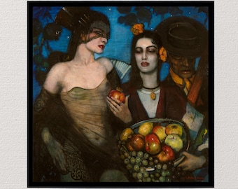 May include: A vintage-style painting depicts three figures against a dark blue background. Two women and a man are featured. One woman holds an apple, and another holds a bowl of fruit. The man wears a hat. The artwork has a classic, artistic style.