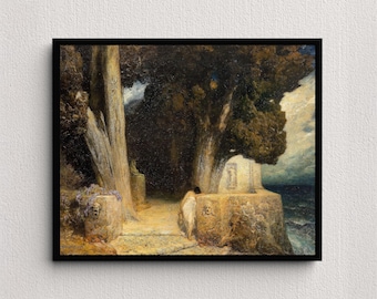 Safo (1909) / Ferdinand Keller / Arte mural griego antiguo / Pintura mitológica / Impresión artística oscura y melancólica / Decoración rústica para el hogar / Mujer poeta