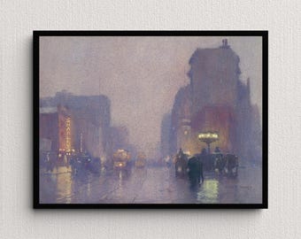 May include: A framed print of an impressionist painting depicting a city street scene at dusk. The artwork features muted tones of purple, gray, and yellow, with visible streetlights and horse-drawn carriages. The word "SHARLES" is visible on a building.
