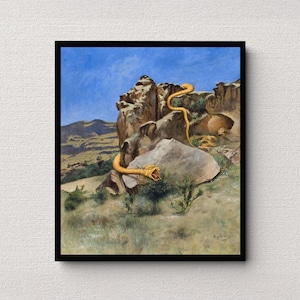 Könnte beinhalten: Gerahmtes Gemälde, das eine gelbe Schlange zeigt, die sich um eine felsige Landschaft unter blauem Himmel windet. Das Maul der Schlange ist geöffnet, und das Kunstwerk hat eine Vintage-Ästhetik. Das Gemälde ist unten rechts signiert.