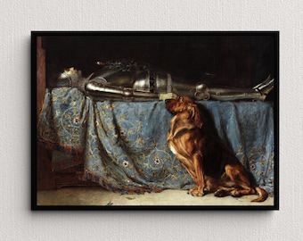 May include: A painting depicting a knight in armour lying on a bed, with a brown and white dog seated at the foot of the bed. The knight is wearing a helmet and chainmail armour. The dog is gazing up at the knight.