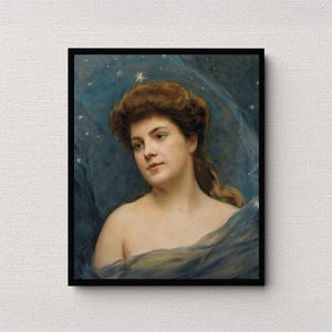 May include: A framed art print featuring a classical portrait of a woman with auburn hair and a serene expression. She is draped in blue fabric against a backdrop of a starry night sky. The artwork is set within a black frame.