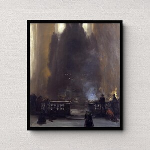 May include: A framed art print depicting a dark, atmospheric interior scene with a large, shadowy central structure. Several small figures are positioned near a stone balustrade in the foreground, with soft light illuminating the lower area.