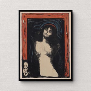 Peut inclure: Une impression encadrée d'une œuvre d'art stylisée représentant une femme aux longs cheveux noirs et un bandeau rouge. La femme est représentée avec un torse pâle sur un fond bleu foncé et rouge. Une petite figure fantomatique est dans le coin inférieur gauche.