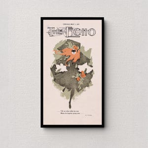 May include: Framed vintage print of "The Echo" from Chicago, May 1, 1895. The artwork features a woman with flowing red hair and a mask, surrounded by leaves and flowers. The print has a black frame.