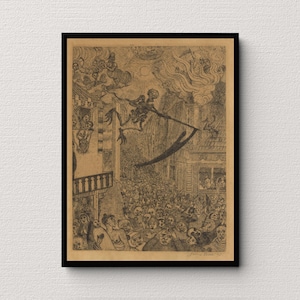 May include: A framed sepia-toned print depicting a crowd of people in a street scene. A skeletal figure with a scythe hovers above the crowd. Buildings and figures are detailed in the illustration, with a sun and clouds in the background.