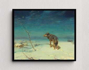 De eenzame wolf | Alfred Kowalski | Vintage wolvenschilderij | Antieke muurkunst | Rustieke boerderijkunstprint | Dierenkunst | Landdecor