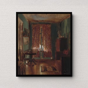 May include: A framed oil painting depicting an interior room scene with dark teal walls, a wooden table, and a window covered by patterned red curtains. The floor is brown with a small rug, and a dark cabinet stands on the right side of the room.
