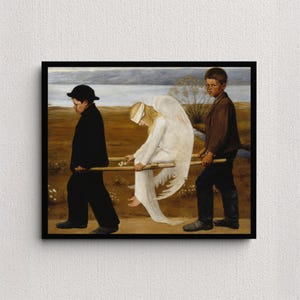 May include: A framed print of a painting showing three figures. Two boys in dark clothes carry a figure in white robes with wings and a blindfold. The background depicts a landscape with water and a cloudy sky.