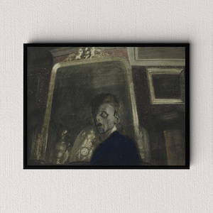 Self-Portrait Before a Mirror (1908) | Léon Spilliaert | Spooky Vintage Art Print | Creepy Painting | Macabre Wall Art | Gothic Home Decor