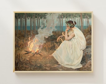 Sappho de Lesbos | Enrique Simonet | Art mural grec ancien | Peinture mythologique | Impression d'art sombre et maussade | Décoration d'intérieur rustique | Femme poète